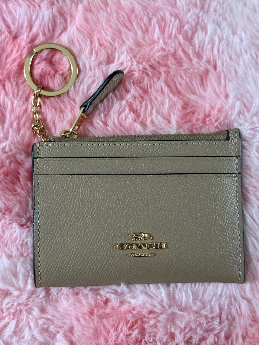 Coach Taupe Leather Card Holder Keyring with Gold Hardware